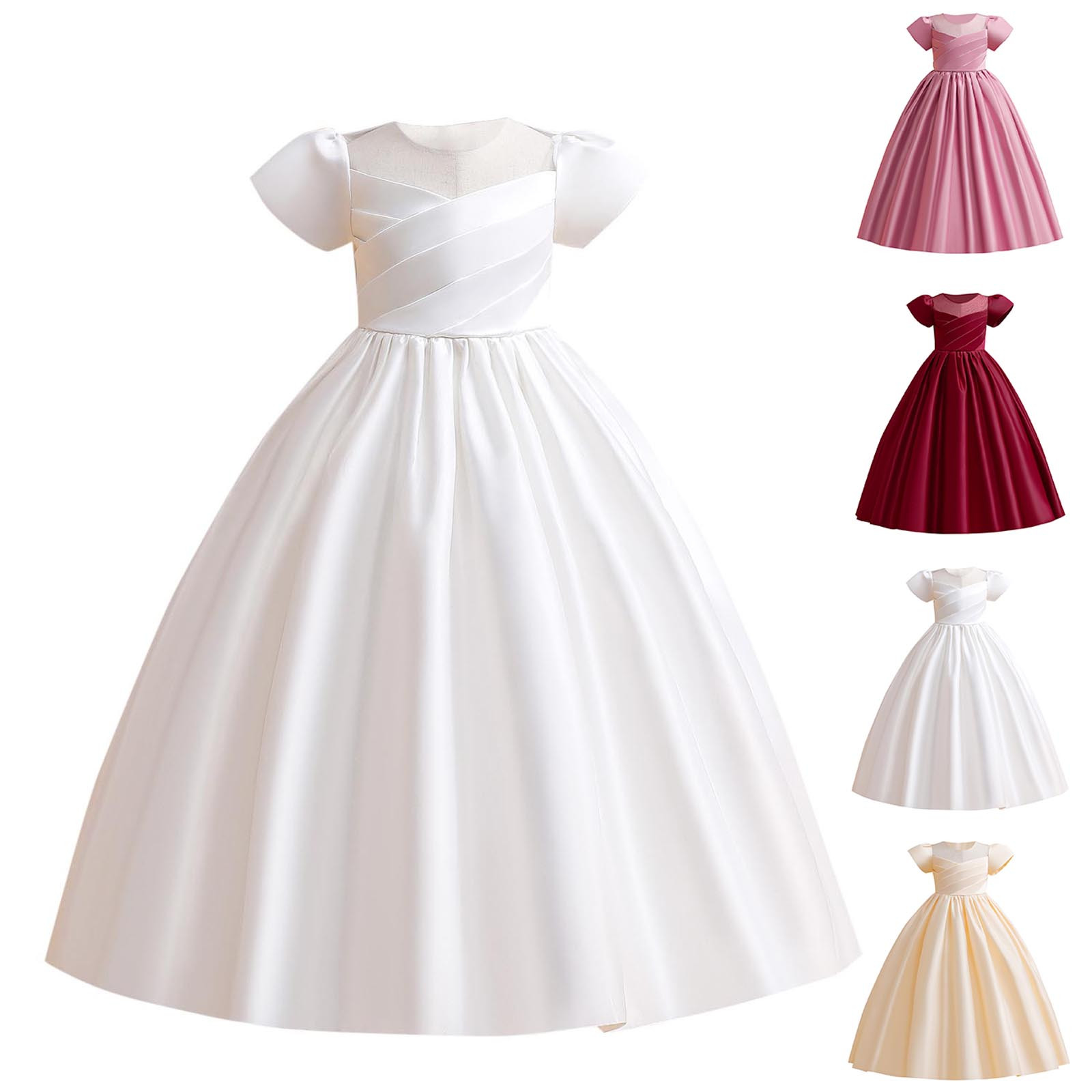 HaiMao Flower Girls Dresses Clearance formal Party Girl Wedding Dresses Vintage Satin Child Princess Communion Pageant Prom Gowns White 12 Years